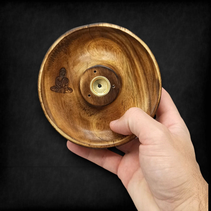 Räucherstäbchen- und Konusbrenner-Scheibe aus Mangoholz – Buddha-Symbol