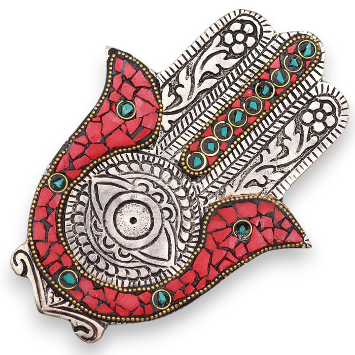 Polished Aluminium Incense Holder - Small Hamsa, Red & Green