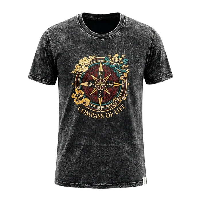 Stonewashed Cotton T-Shirt - Compass of Life, Charcoal (Small)
