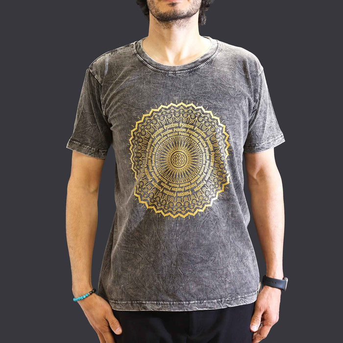 Stonewashed Baumwoll-T-Shirt – Mandala, Dunkelgrau (Mittel)