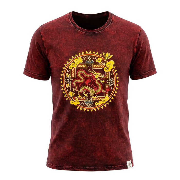 Stone Washed Baumwoll-T-Shirt – Drachen-Mandala, Bordeaux (Mittel)