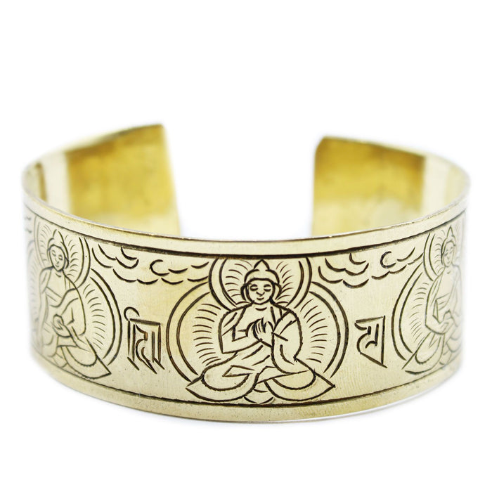 Tibetan Mantra Bracelet - Five Buddha, Extra Wide Brass