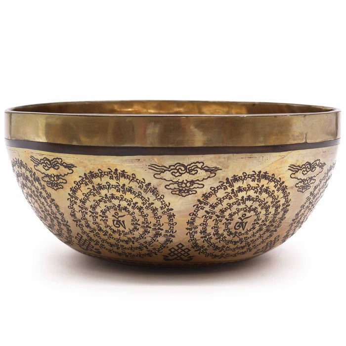 Engraved Brass Tibetan Singing Bowl - Om & Buddha, 21cm