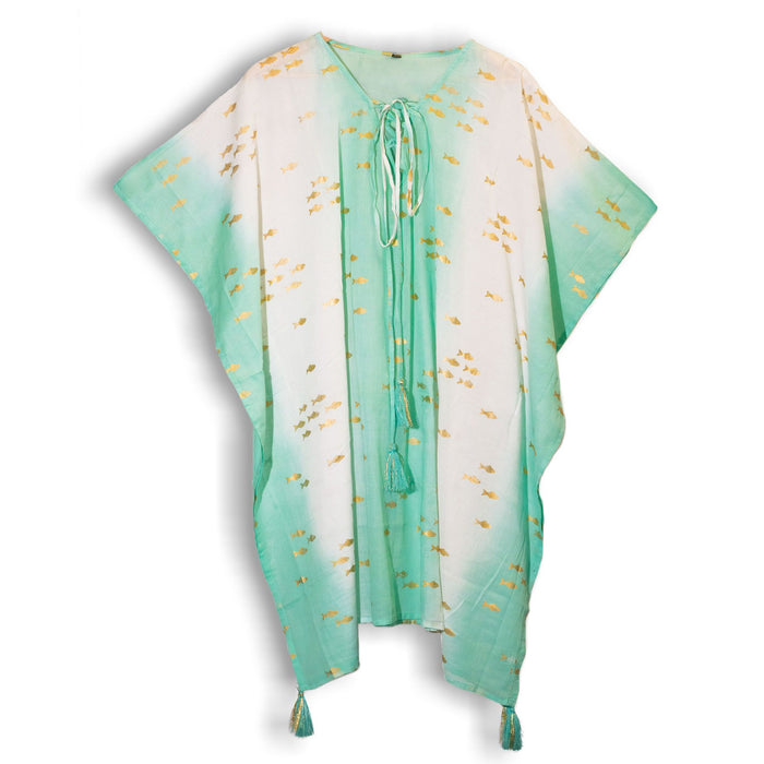 Baumwollkaftan – Goldfische, Weiß & Türkis