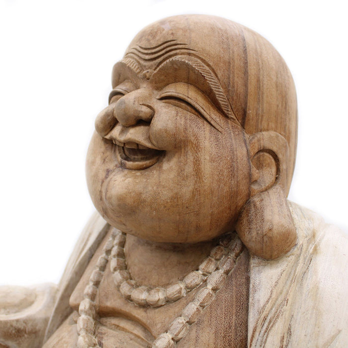Geschnitzter Holz-Glücks-Buddha – Whitewash 50cm