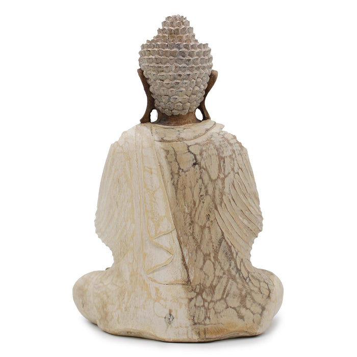 Geschnitzte Buddha-Statue aus Holz, willkommen – Weiß getüncht 40 cm