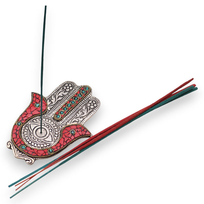 Polished Aluminium Incense Holder - Small Hamsa, Red & Green