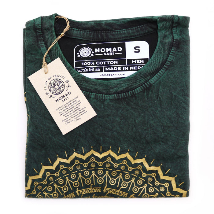 Stonewashed Baumwoll-T-Shirt – Mandala, Grün (Small)