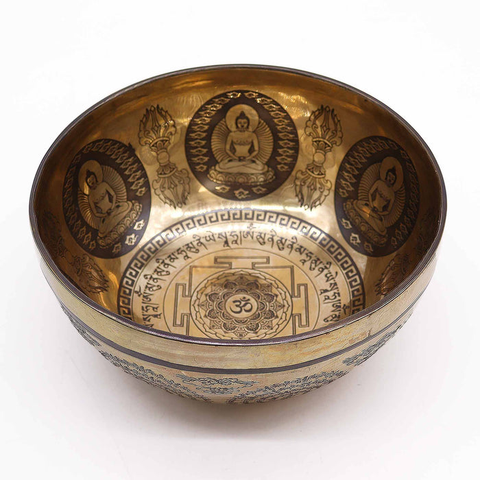 Engraved Brass Tibetan Singing Bowl - Om & Buddha, 21cm
