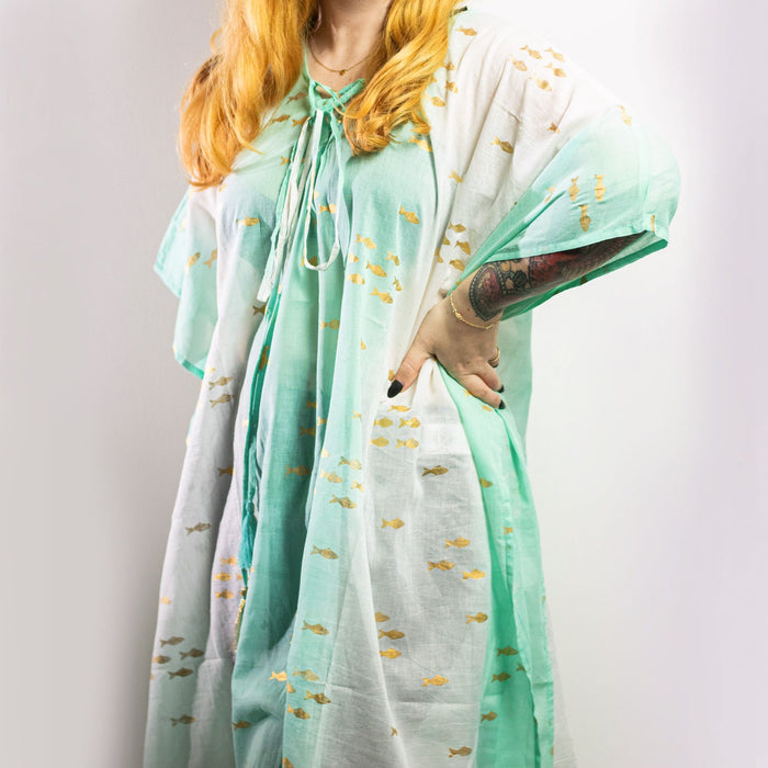 Baumwollkaftan – Goldfische, Weiß & Türkis