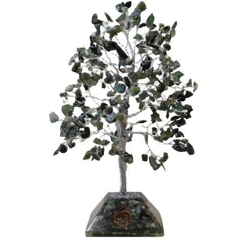 Moosachat Edelsteinbaum mit Orgonit-Basis – 320 Steine