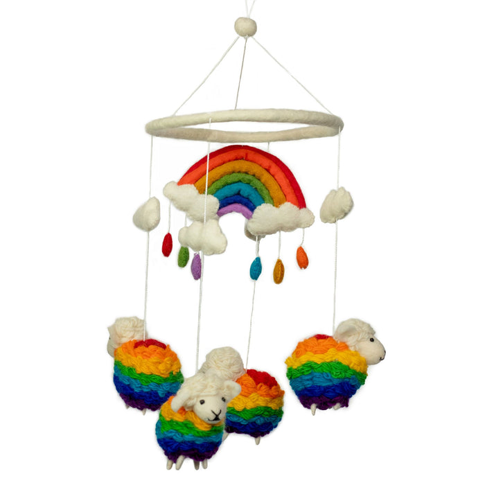 Handgemachtes Filz-Mobile – Regenbogen-Schafe