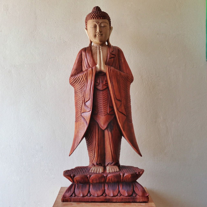 Geschnitzte stehende Buddha-Statue aus Holz, Willkommen - 1M
