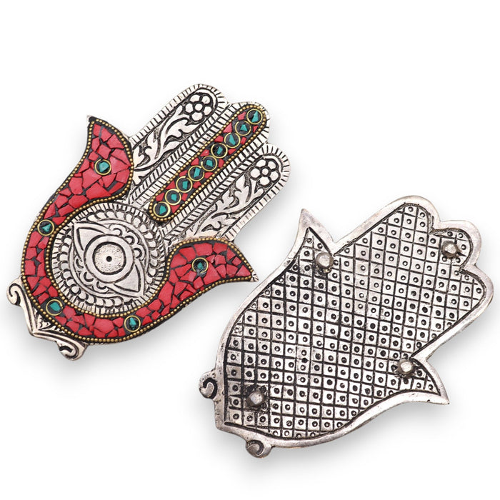 Polished Aluminium Incense Holder - Small Hamsa, Red & Green