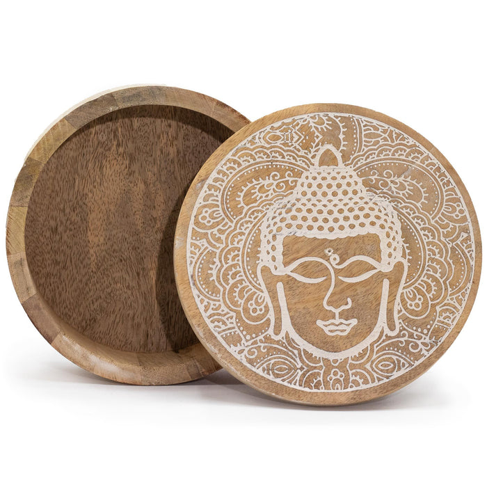 Grande boîte ronde en bois - Visage de Bouddha, bois blanchi
