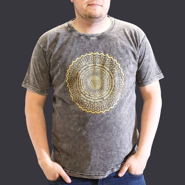 Stonewashed Baumwoll-T-Shirt – Mandala, Dunkelgrau (XL)