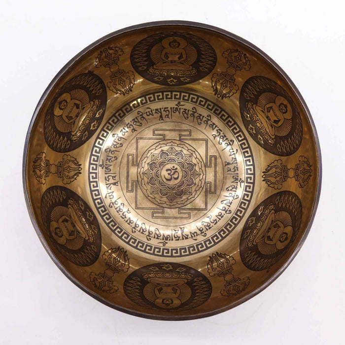 Engraved Brass Tibetan Singing Bowl - Om & Buddha, 21cm
