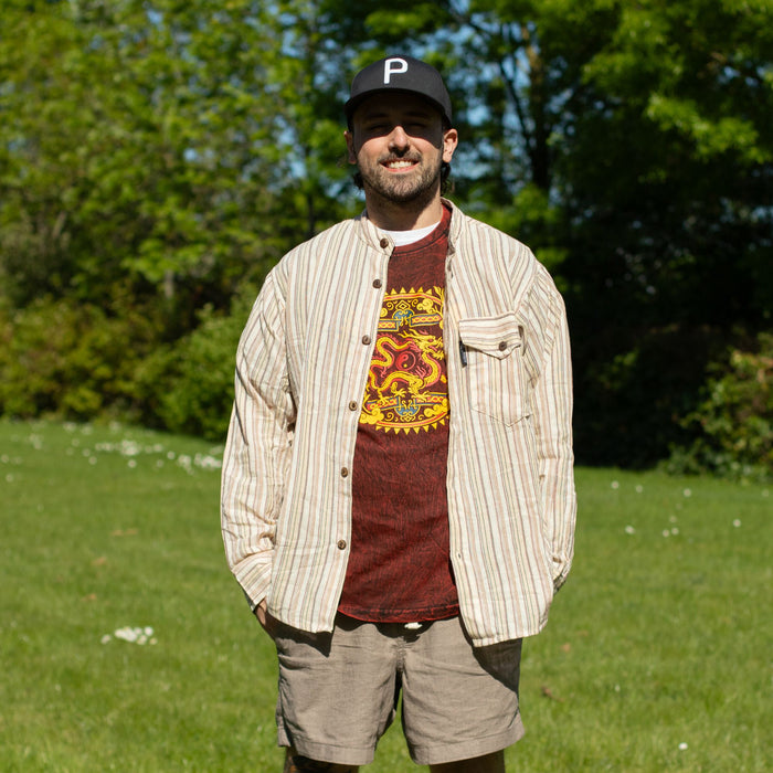 Striped Cotton Grandad Shirt - Brown Beige (Medium)