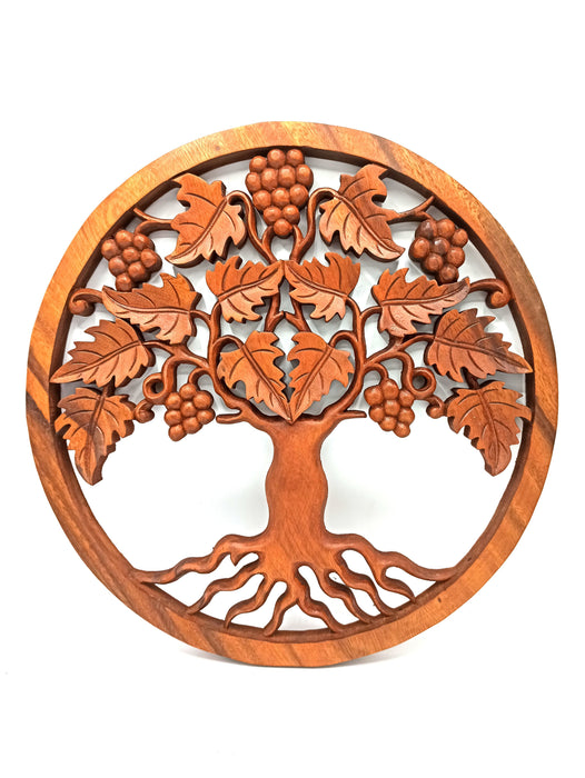 Hand-Carved Wooden Plaque - Tree of Life With Grapes