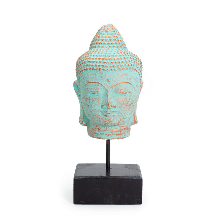 Buddha-Kopf „Stille“ auf Ständer – Grün/Kupfer-Finish