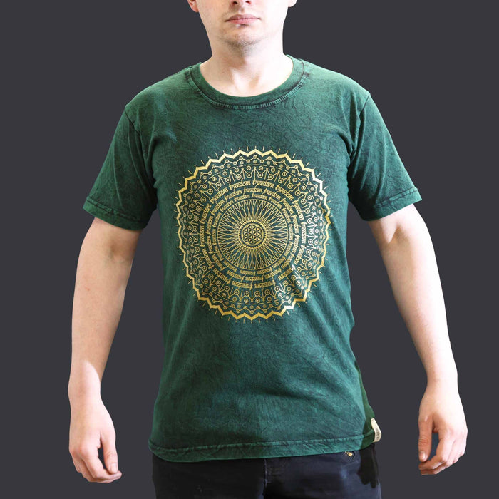 Stonewashed Baumwoll-T-Shirt – Mandala, Grün (Small)