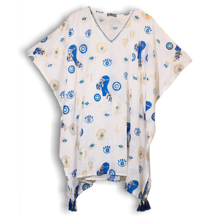 Baumwollkaftan – Böser Blick, Weiß mit Blau & Gold