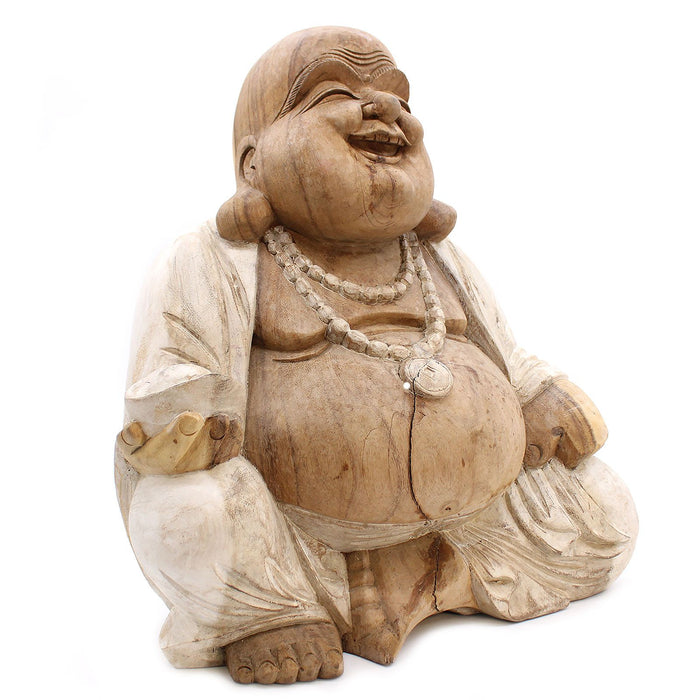 Geschnitzter Holz-Glücks-Buddha – Whitewash 50cm