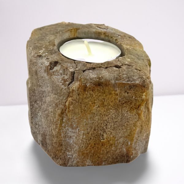 Teelichthalter aus versteinertem Holz – Einzeln, niedrig