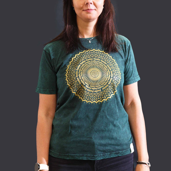Stonewashed Baumwoll-T-Shirt - Mandala, Grün (Medium)