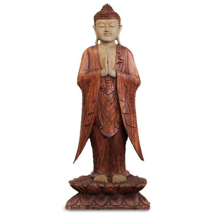 Geschnitzte stehende Buddha-Statue aus Holz, Willkommen - 1M