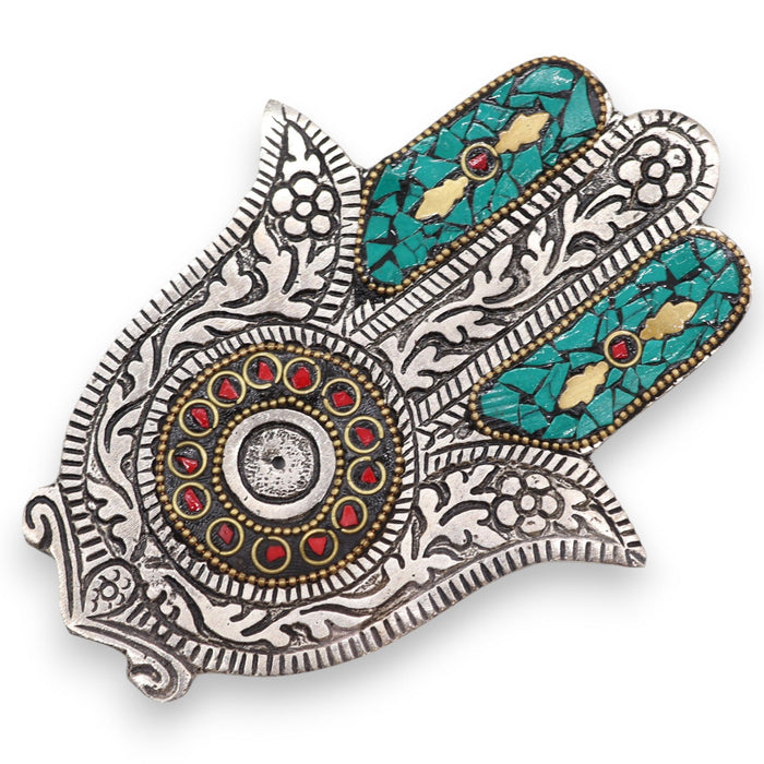 Weihrauchhalter aus poliertem Aluminium – Kleine Hamsa, Grün