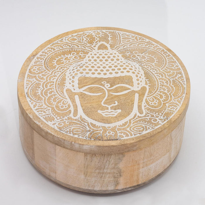 Grande boîte ronde en bois - Visage de Bouddha, bois blanchi