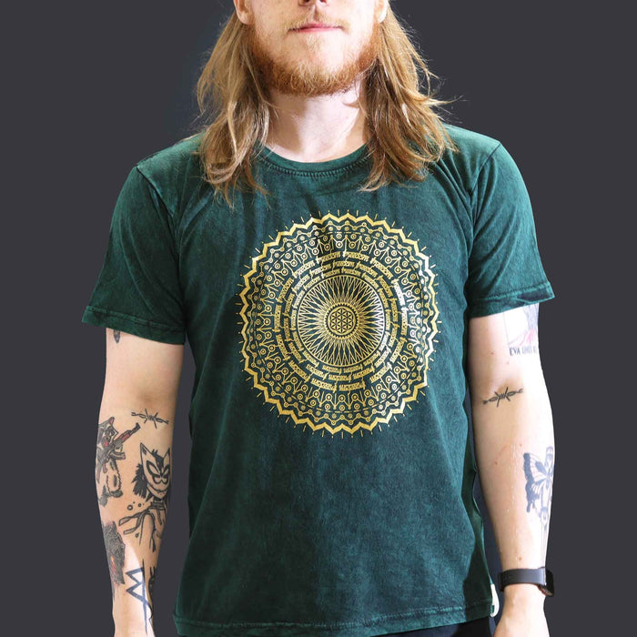Stonewashed Cotton T-Shirt – Mandala, Green (Large)