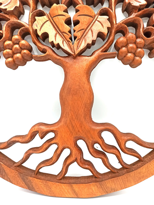 Hand-Carved Wooden Plaque - Tree of Life With Grapes