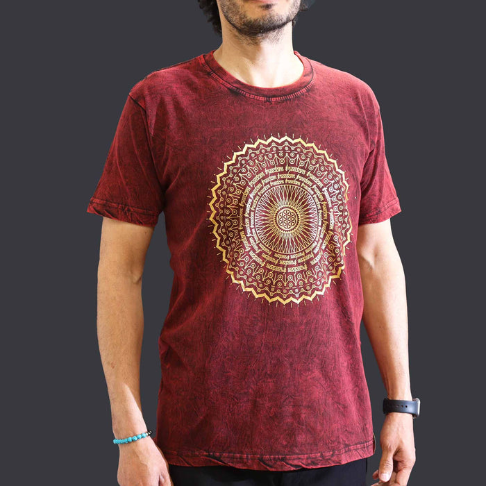 Stonewashed Baumwoll-T-Shirt – Mandala, Kastanienbraun (Mittel)