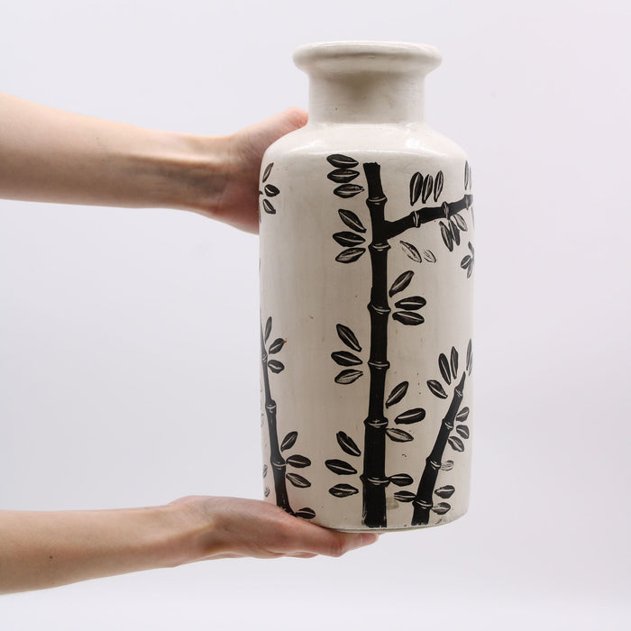 Vase droit en céramique de style oriental - Motif bambou, Naturel