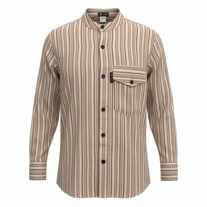 Striped Cotton Grandad Shirt - Brown Beige (XL)