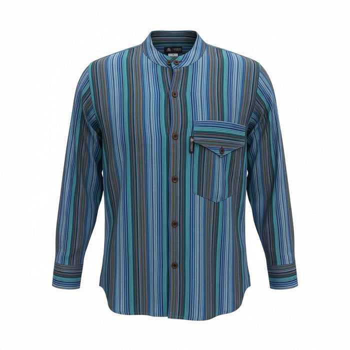 Striped Cotton Grandad Shirt - Turquoise (Medium)