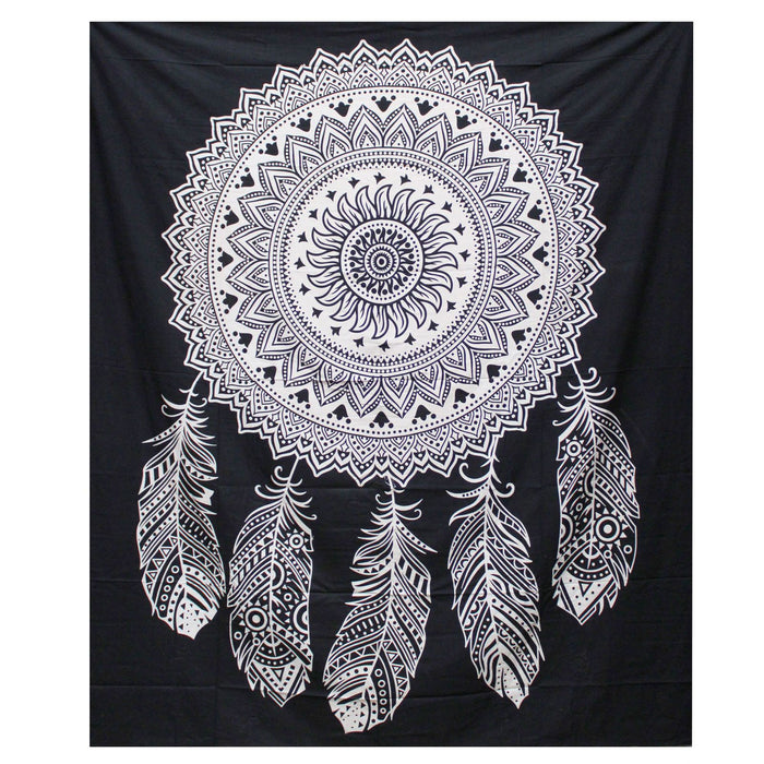 Double Cotton Bedspread / Wall Hanging - Dreamcatcher - Black & White
