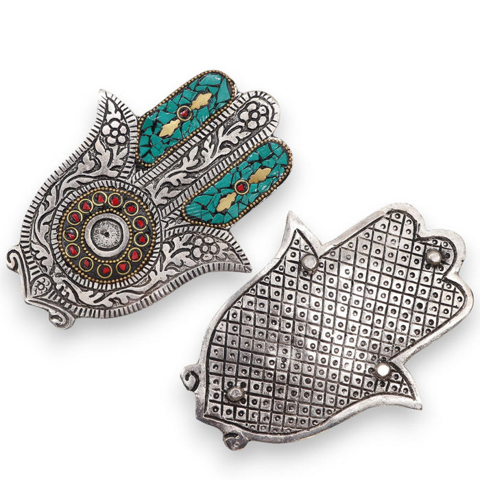 Weihrauchhalter aus poliertem Aluminium – Kleine Hamsa, Grün