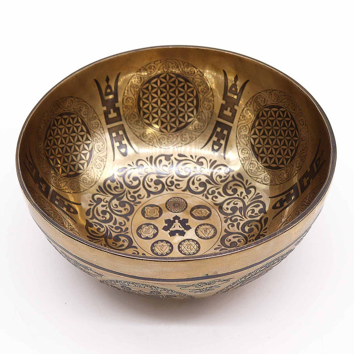 Engraved Brass Tibetan Singing Bowl - 7 Chakras & Flower of Life, 21cm