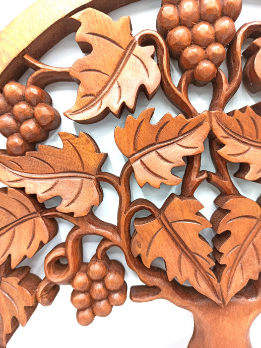 Hand-Carved Wooden Plaque - Tree of Life With Grapes