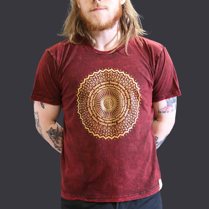 Stonewashed Cotton T-Shirt – Mandala, Maroon (Large)
