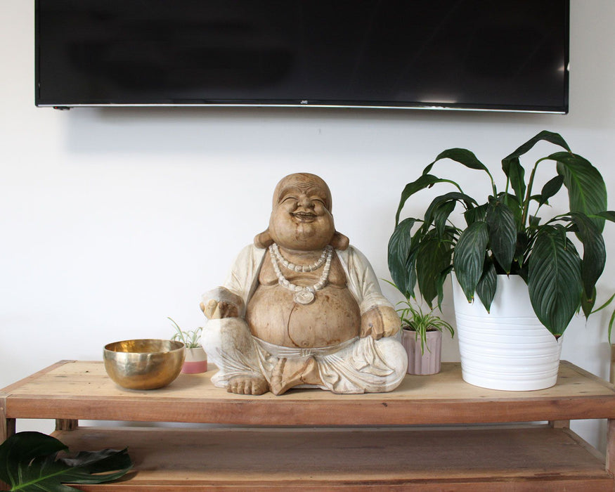 Geschnitzter Holz-Glücks-Buddha – Whitewash 50cm