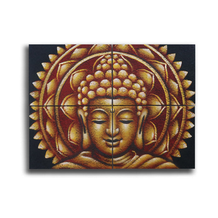 Set of 4 Painted Canvases - Buddha Mandala, Brocade Detail - Gold