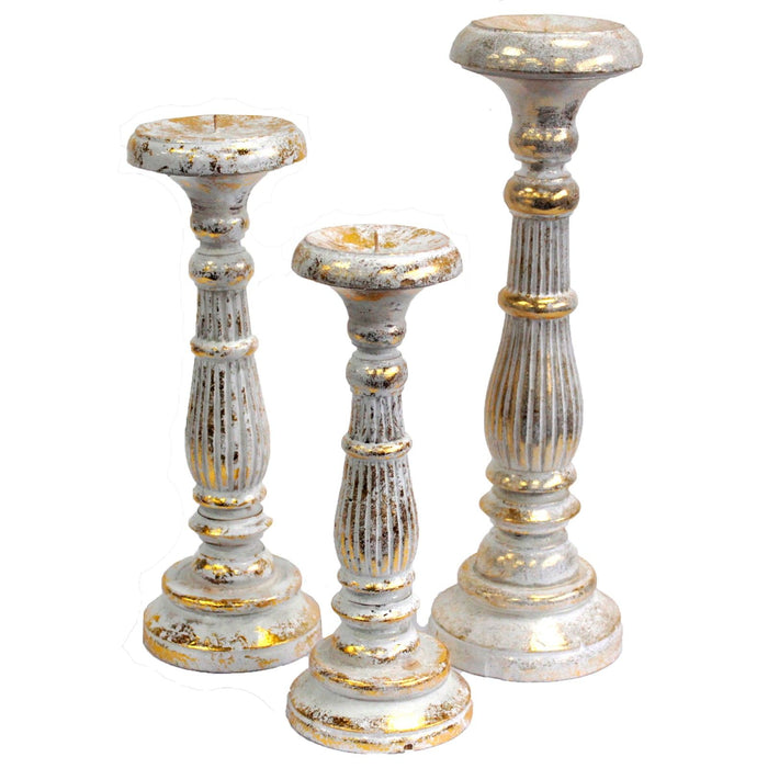 Large Albasia Wood Candle Stand - White & Gold