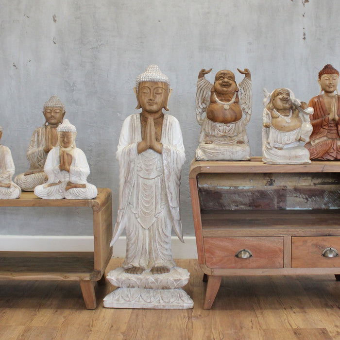 Geschnitzte stehende Buddha-Statue aus Holz, Willkommen - 1M