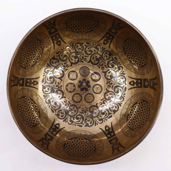Engraved Brass Tibetan Singing Bowl - 7 Chakras & Flower of Life, 21cm
