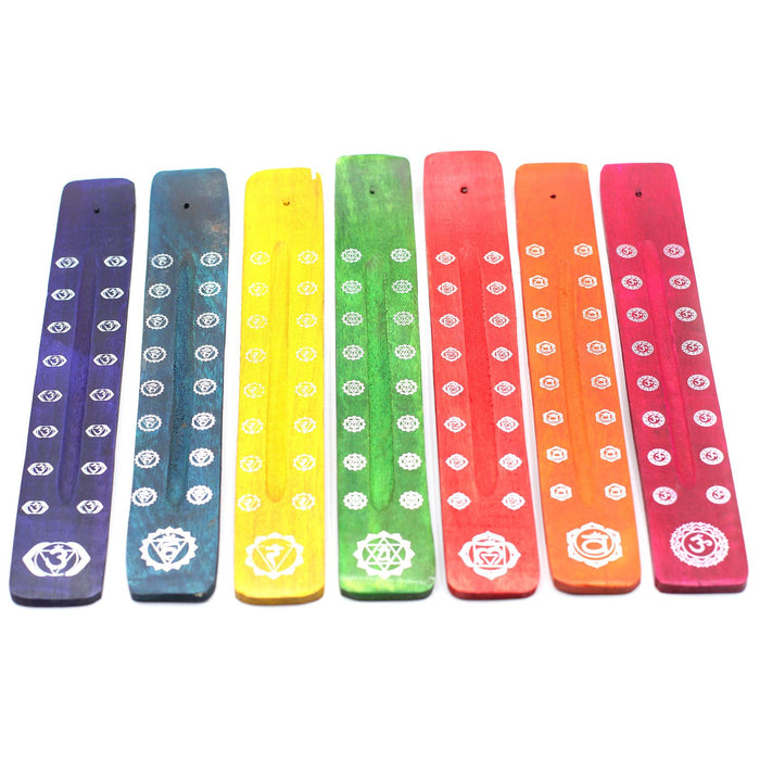 Räucherstäbchenhalter aus Mangoholz – Chakra-Design, verschiedene Farben