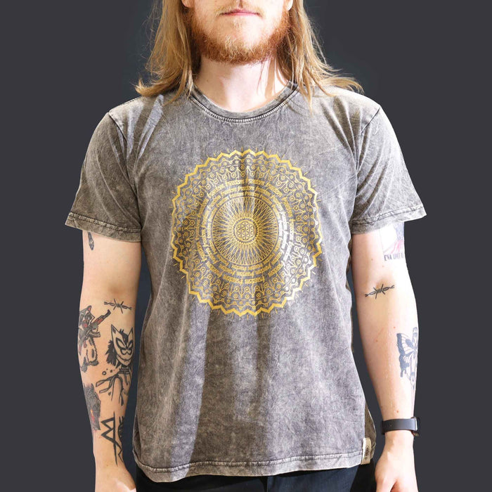 Stonewashed Cotton T-Shirt – Mandala, Dark Grey (Large)